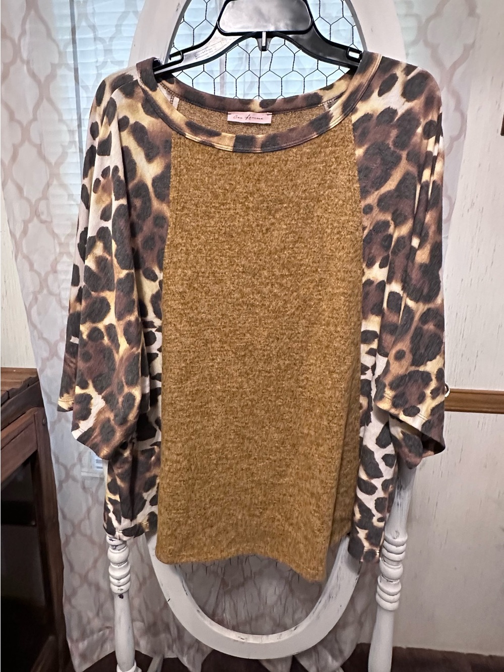 Ces Femme Mustard Front with Leopard Print Sleeves Top